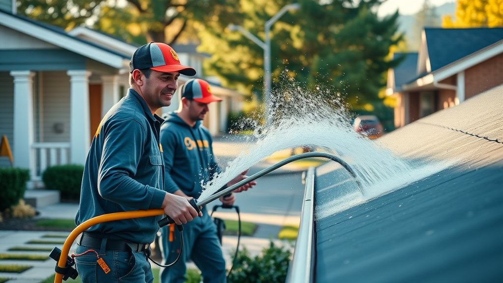 Eugene gutter cleaning crew using pressure wash tools, water spray mid-air in a Eugene suburb, professional service in Oregon