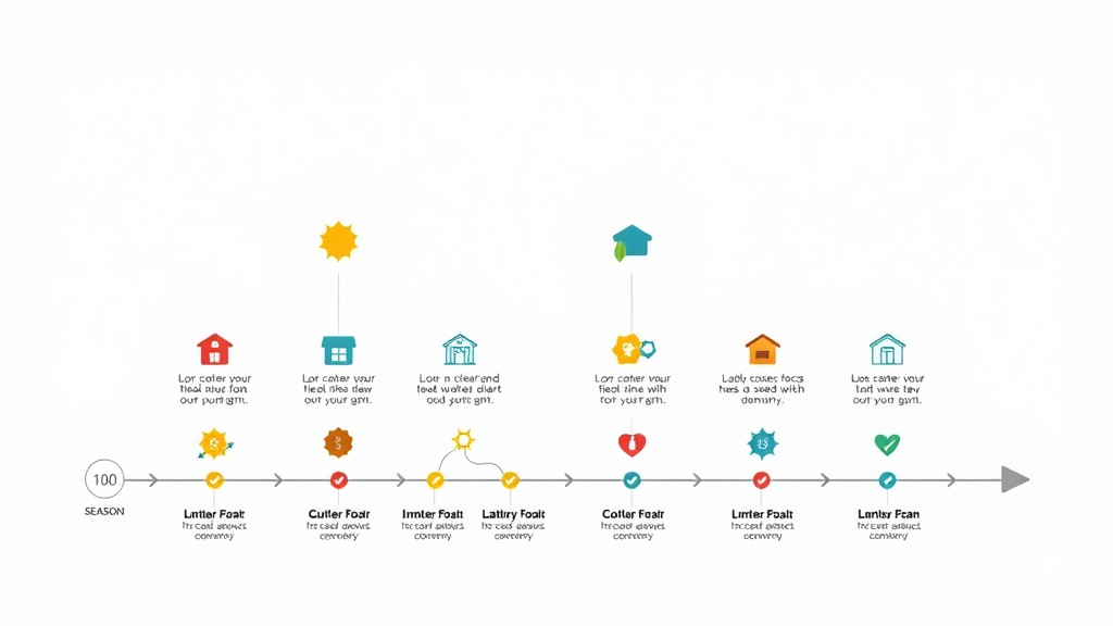 Gutter cleaning seasonal timeline, icons for each season, checkpoints, and cleaning reminders, gutters clean