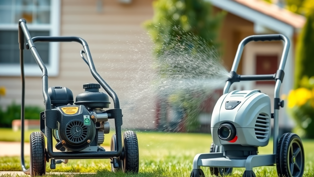 Contrasting residential power washing and pressure washing equipment side by side, outdoors, showing water spray, depth of field, natural daylight - power washing vs pressure washing