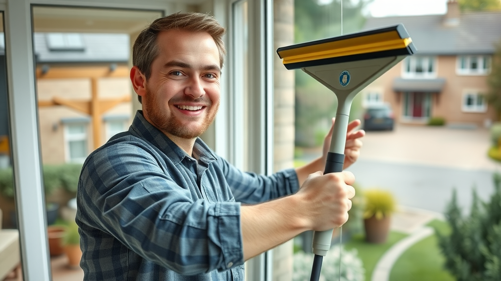 Professional window cleaner in Eugene Oregon expertly cleaning a large home