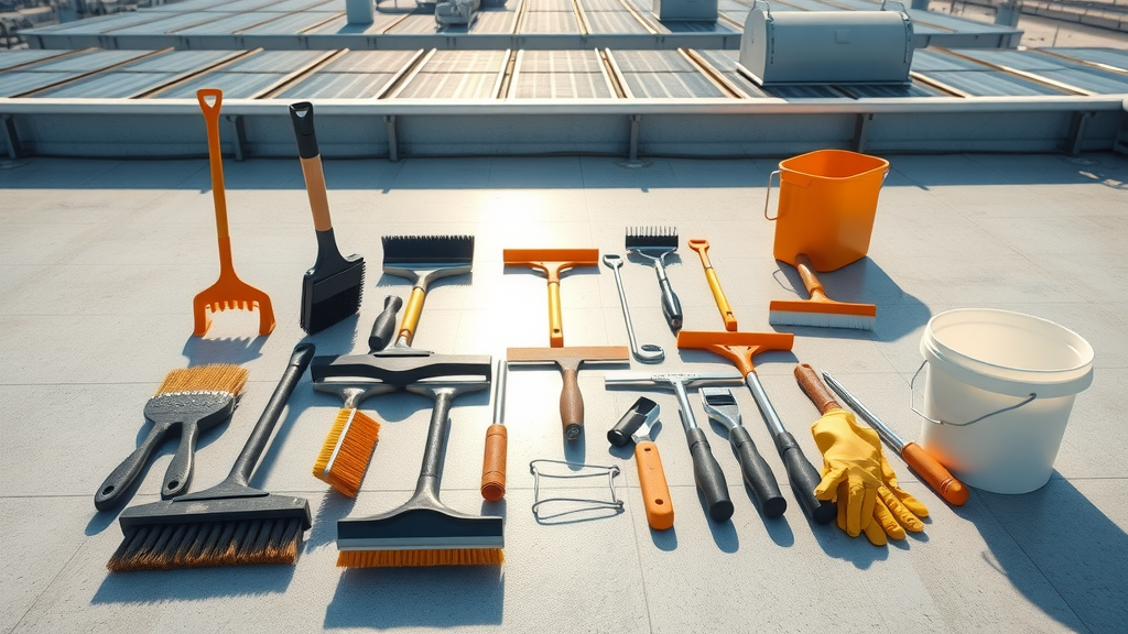 Essential solar panel cleaning tools including soft brushes and squeegees laid out for rooftop solar panel cleaning