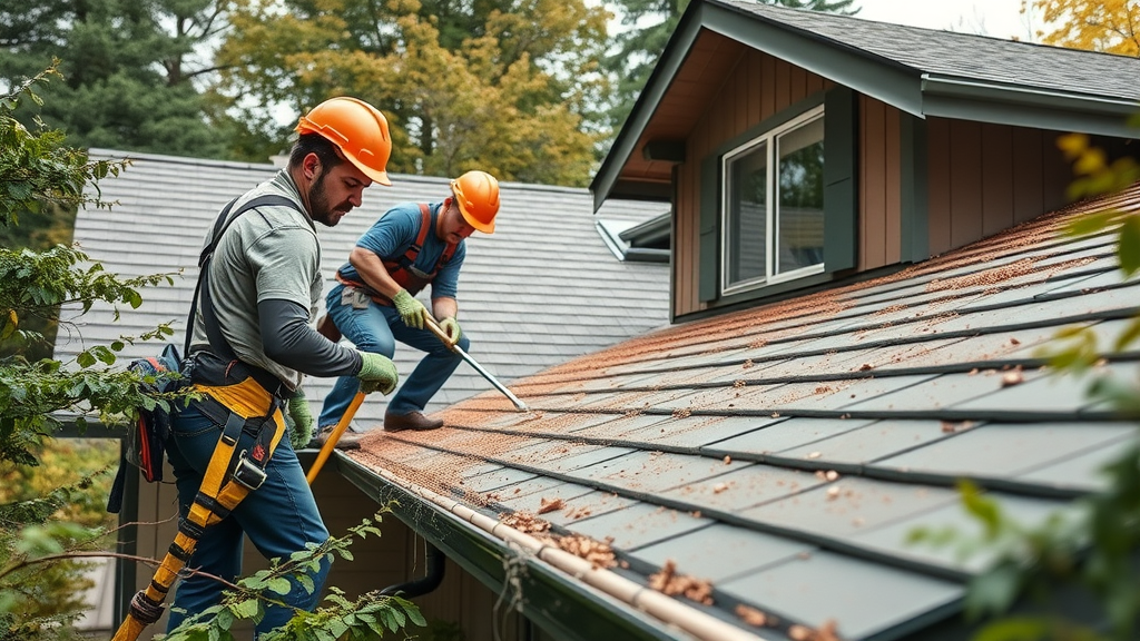 gutter cleaning and roof cleaning by window cleaning company eugene - Professional team safely cleaning a NW-style residential roof and gutters in Eugene