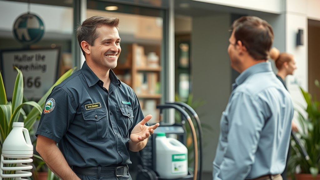 modern pressure washing equipment and eco-friendly detergents Eugene Oregon. Professional uniformed technician consulting business owner.