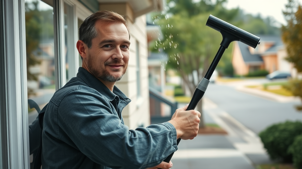friendly professional window cleaner cleaning upper story window - window cleaners residential