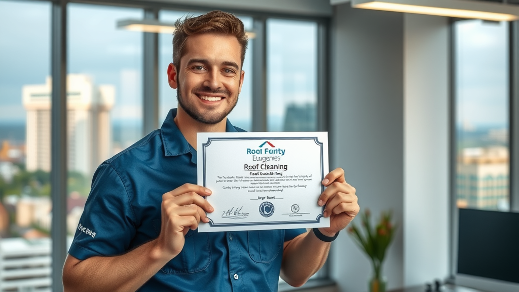 Eugene roof cleaning pro showing professional credentials in office, window view of Eugene cityscape, branded uniform, detailed atmosphere