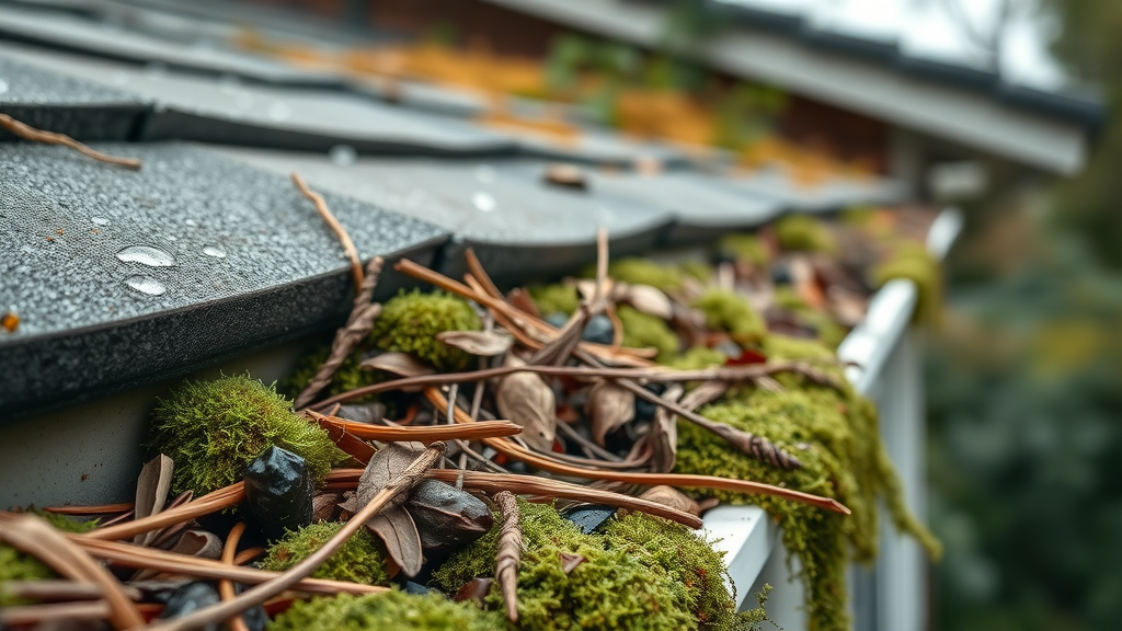 Eugene gutter cleaning tips, gutter close-up, overflowing debris, pine needles, moss, clean gutter system, water droplets, Pacific Northwest flora
