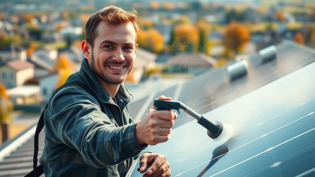 Professional solar panel cleaner spraying and wiping rooftop panel Eugene suburbs - professional solar panel cleaning near me in Eugene OR
