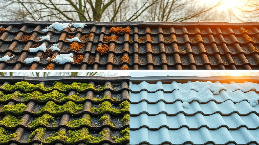 Eugene Oregon roof changing from moss-covered in winter to clean in summer, visualizing optimal roof cleaning frequency