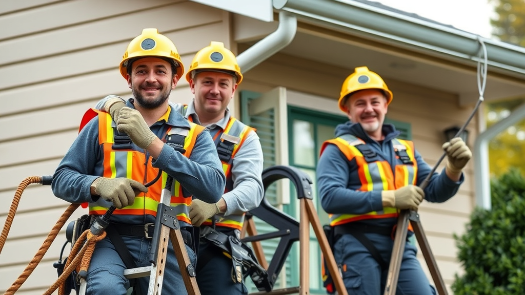 Professional gutter cleaning team at work in Eugene Oregon, using safety gear and ladders, clean and focused scene