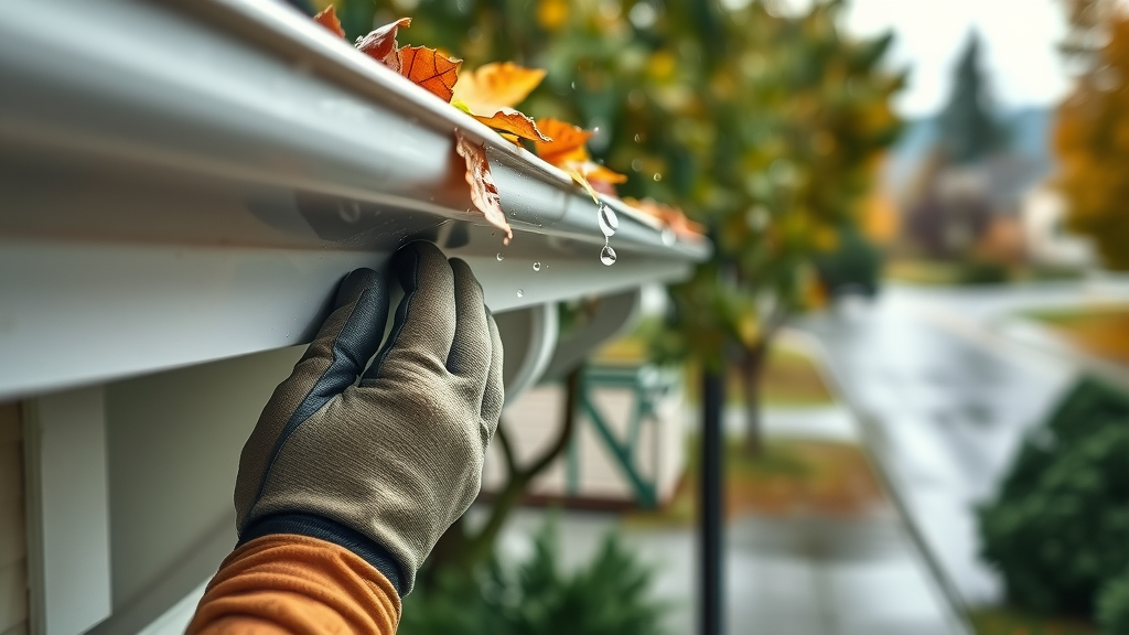 Residential gutter cleaning in Eugene, ORâworker removes debris on rainy day