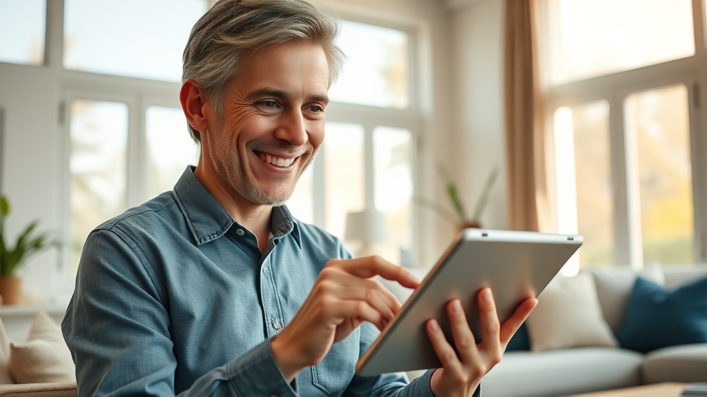 Smiling Eugene Oregon homeowner easily booking window cleaning service online with a tablet, large sunny windows in background.