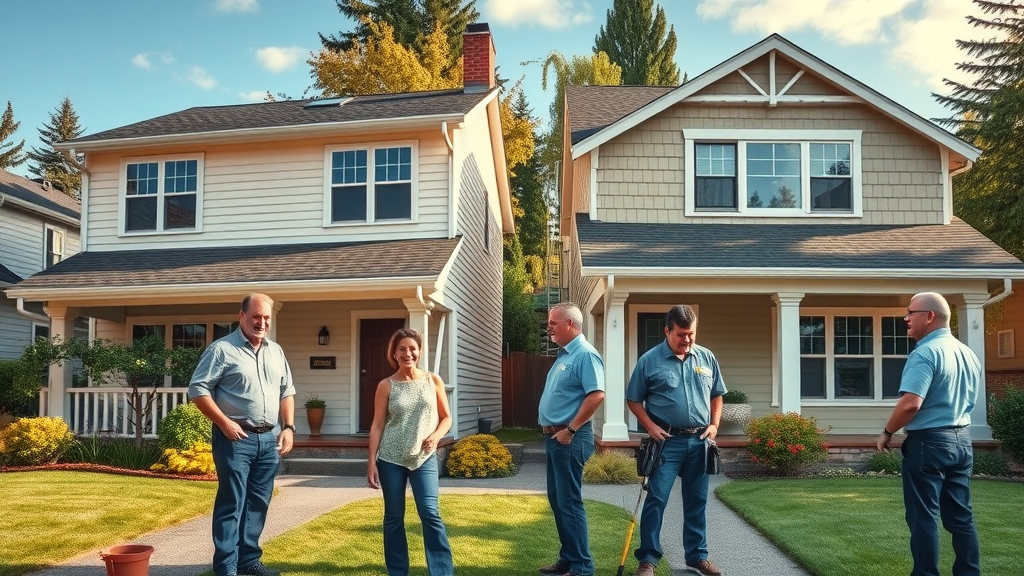 Side by side image of single and two-story homes in Eugene Oregon with professionals cleaning gutters