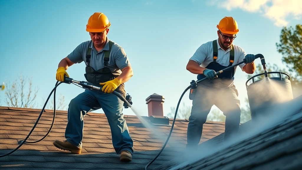 Roofers using pressure wash and soft wash techniques for cleaning roof