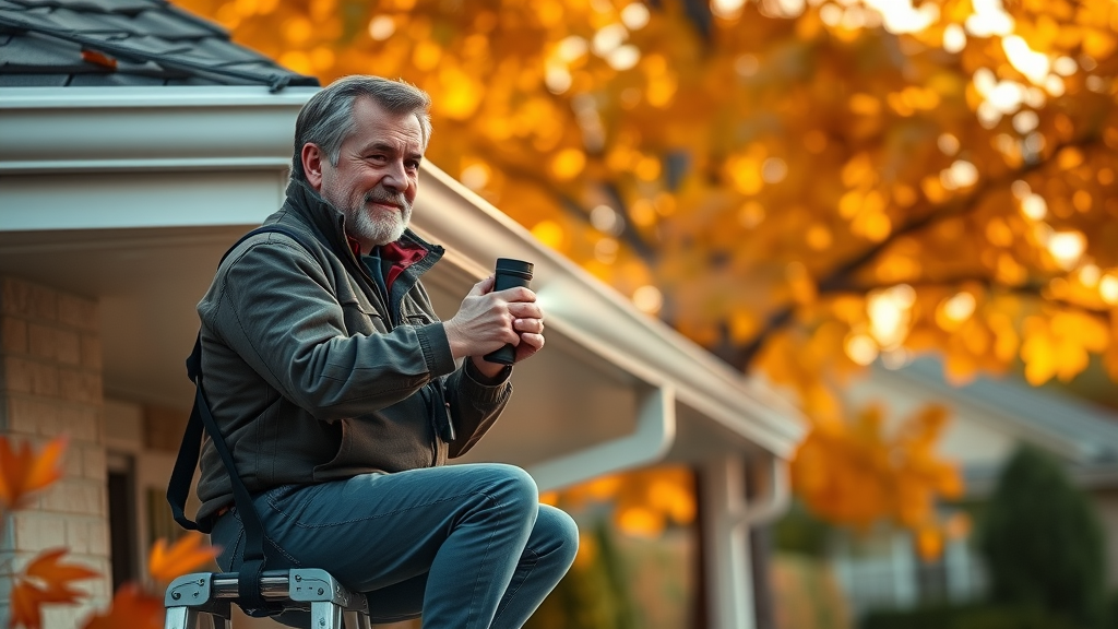 Alert homeowner inspecting clean gutters, using flashlight in autumn, well-maintained property, clean your gutters