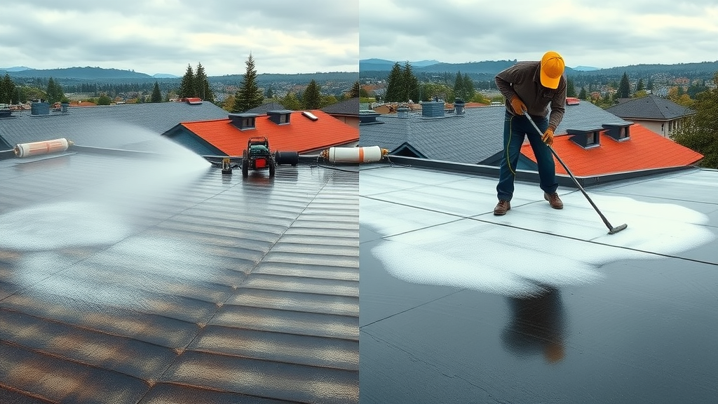 Pressure washing and soft washing Eugene Oregon compared on two roof sections