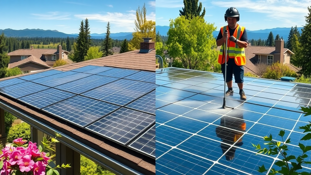 side-by-side comparison: DIY homeowner and professional crew cleaning rooftop solar panels in Eugene Oregon