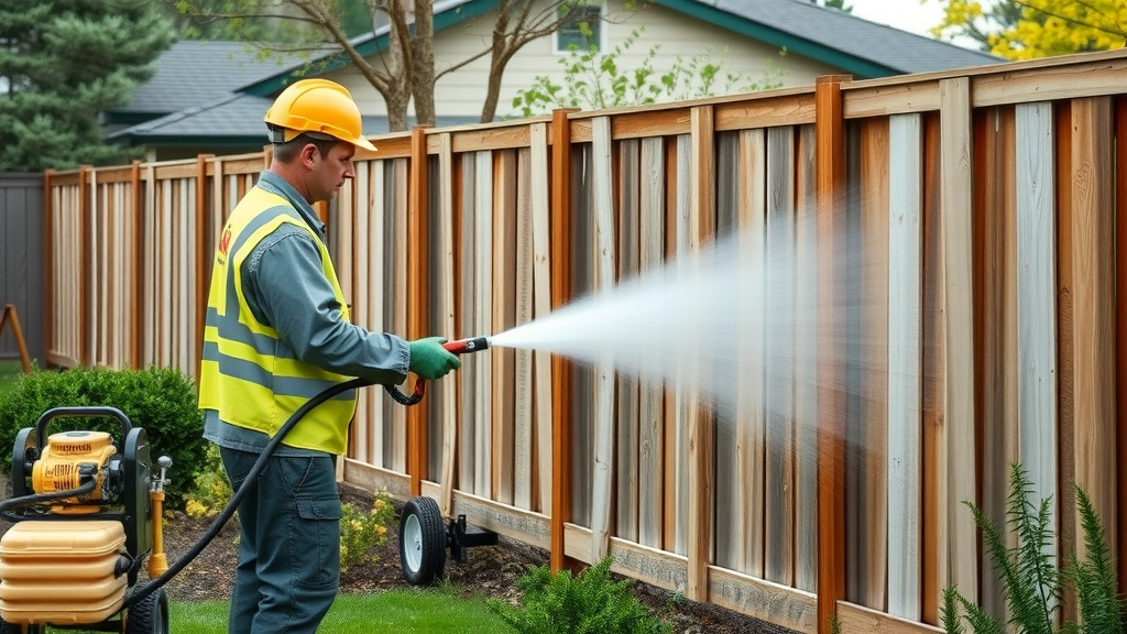 Professional exterior cleaning crew pressure washing fence in Eugene, thorough fence cleaning Eugene service in action