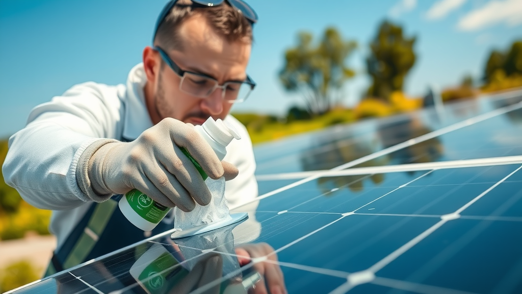 Technician applying eco-friendly cleaning solution carefully to solar panels, green landscaping and clear blue sky in background, eco-label visible on equipment.