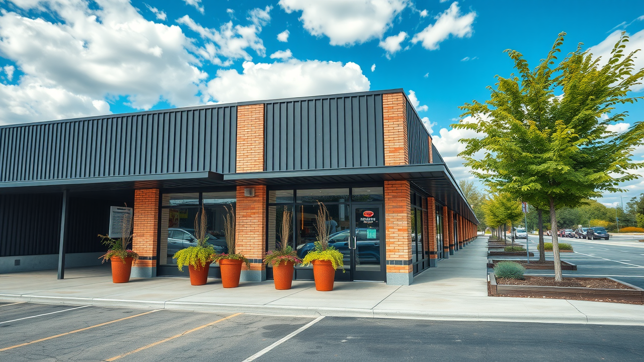 Commercial building washing with sparkling clean facade and windows.