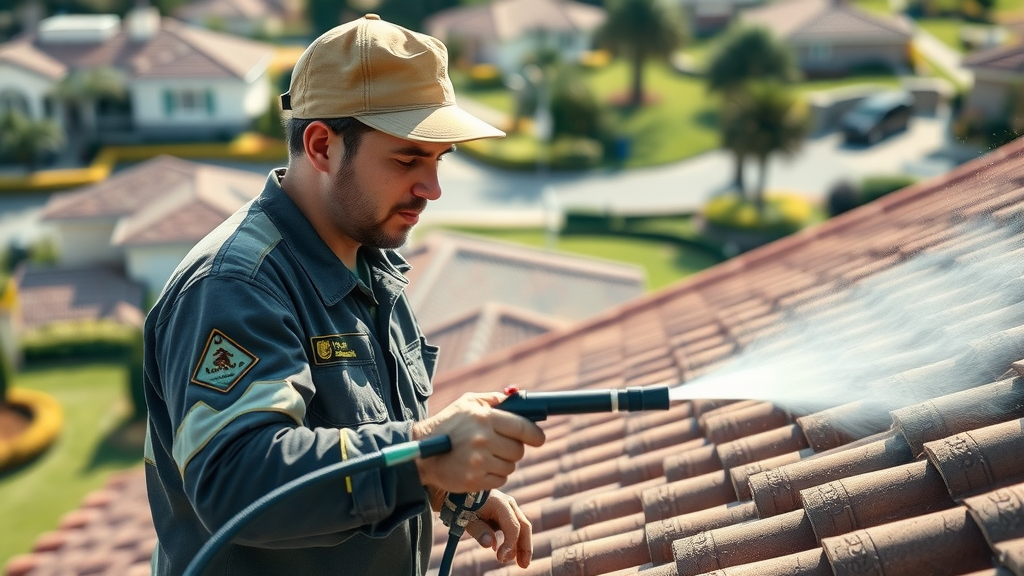 Professional technician performing soft wash roof cleaning with low-pressure sprayer on a residential tiled roof.