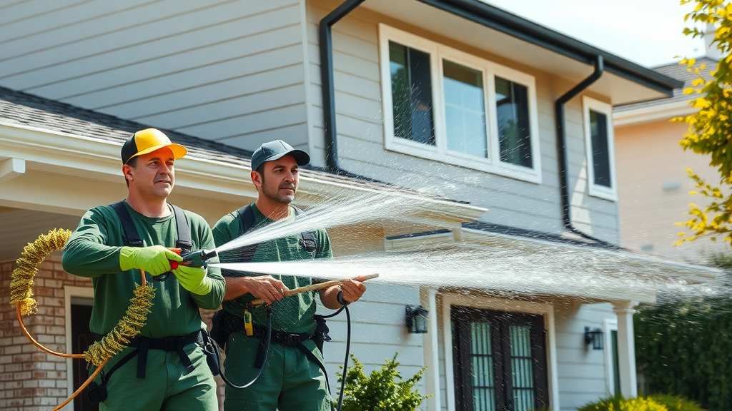 Organized cleaning service team conducting gutter cleaning and power washing on modern Eugene Oregon home, water spraying and debris cleared in a bright, detailed scene.