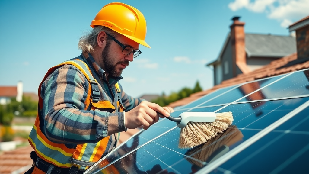 homeowner gently cleaning solar panel with soft brush step-by-step guide effective solar panel cleaning DIY