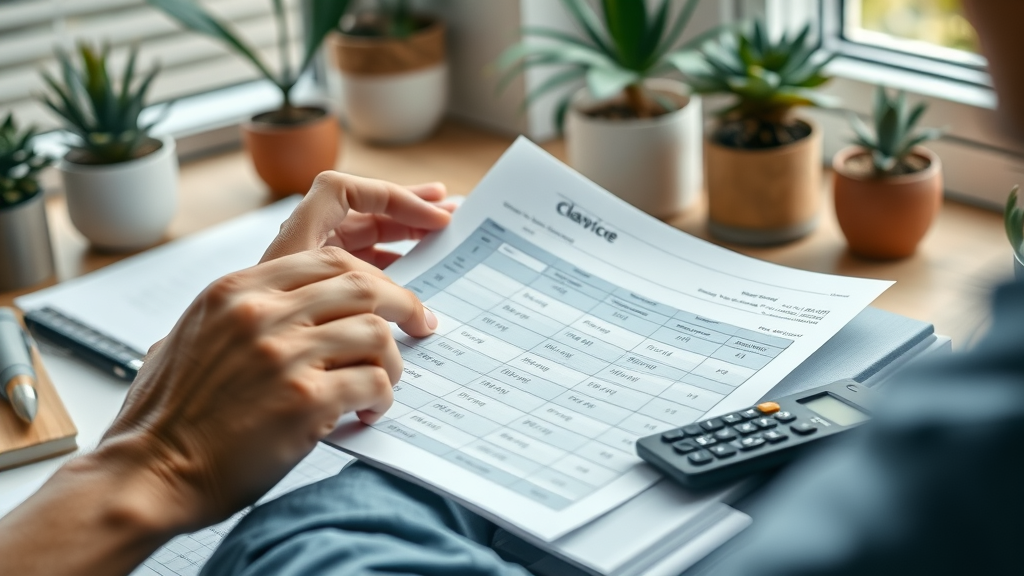 Close-up of hands analyzing a window cleaning quote sheet in Eugene, with thoughtful consideration, highlighting cost factors on a document for local window cleaning pricing.