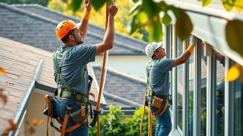 Cleaning crew at work on a Eugene property, professionals using safety harnesses, cleaning gutters, washing windows with rooflines and green backyard in the background.
