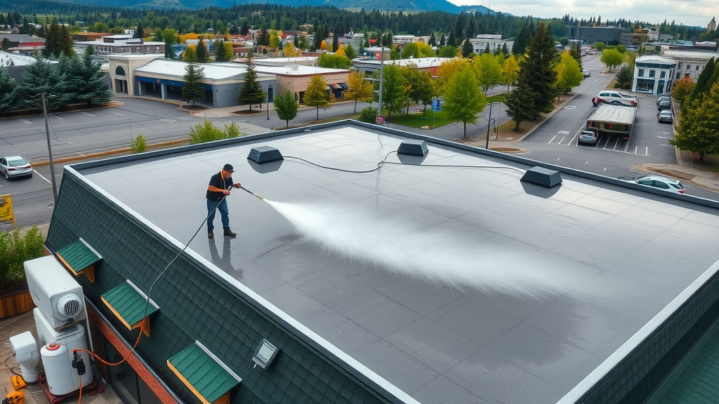Aerial view of commercial roof cleaning in Eugene, OR with eco-friendly equipment.