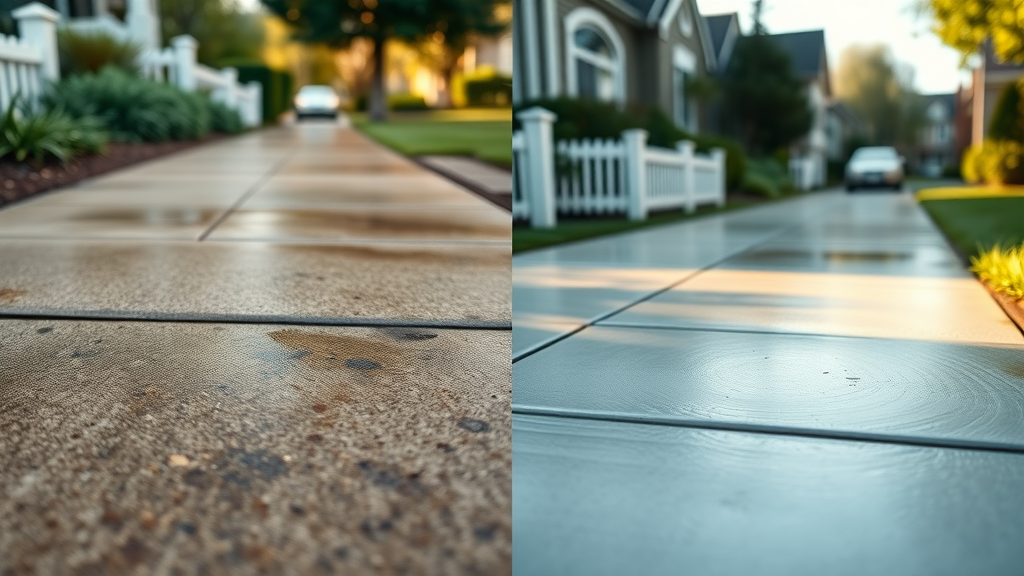 before and after comparison of a sidewalk power washing, sidewalk power washing eugene oregon