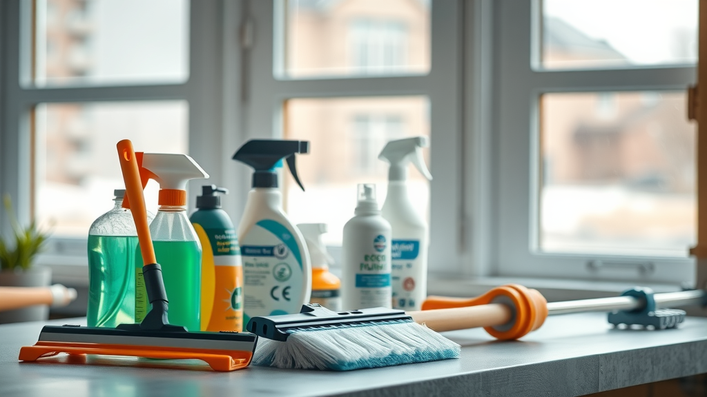 Close-up professional window cleaning tools squeegee scrubber detergents workbench what does window cleaning include