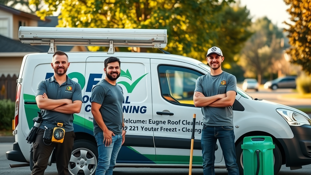 top roof cleaners near me eugene oregon team work van eco friendly cleaning gear scenic suburban background