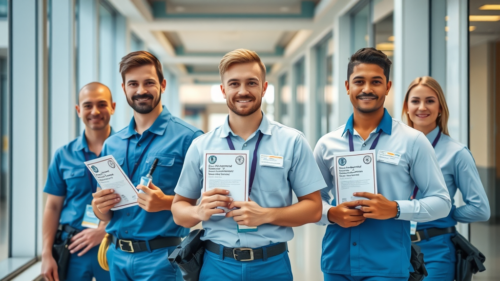 Professional cleaning service team in Eugene Oregon displaying ID badges and insurance certification, clear window reflections in background, clean uniforms and window cleaning gear.