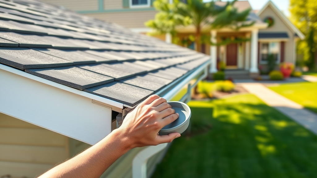 Inviting suburban home with sparkling clean aluminum gutters and a proud homeowner admiring the freshly cleaned surface, vibrant lawn and neat landscaping in the background. Main keyword: how to clean gutter exterior