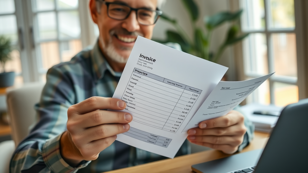 window cleaning service eugene or pricing: homeowner reviewing detailed invoice in home office, satisfied expression, natural daylight