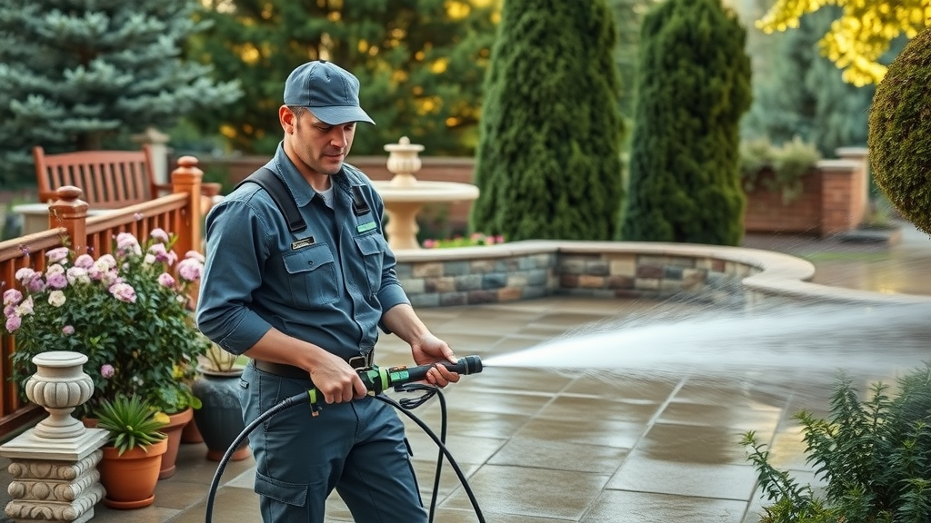 Eco-friendly patio cleaning eugene oregon in progress by skilled technician.