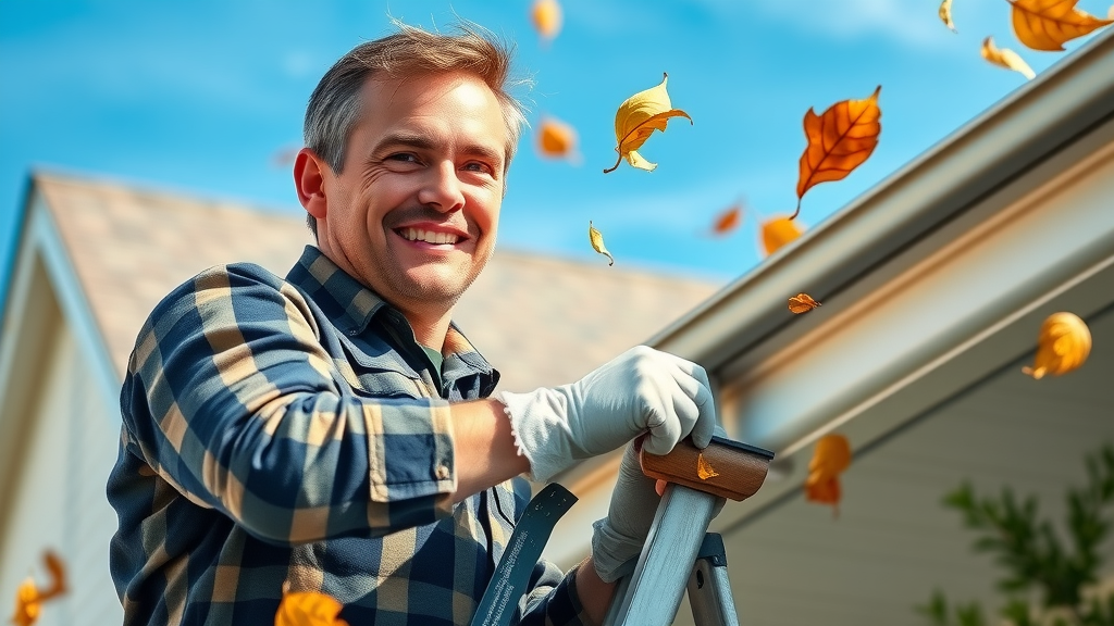 Professional gutter cleaner on a ladder, gloves and tools, leaves falling, blue sky, roof detail, gutter cleaning facts