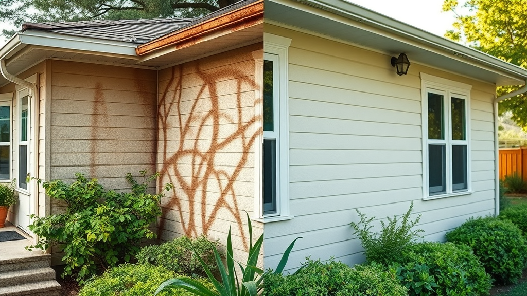 Exterior split-view: One side dirty with mildew and algae, other side freshly pressure washed, showing result of how often do you pressure wash a house