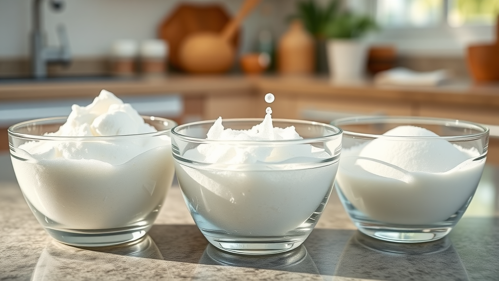 Baking soda paste, white vinegar mix, and cream of tartar shown as DIY gutter cleaning solutions for how to clean gutter exterior, arranged in clear glass bowls. Competitor keyword: baking soda
