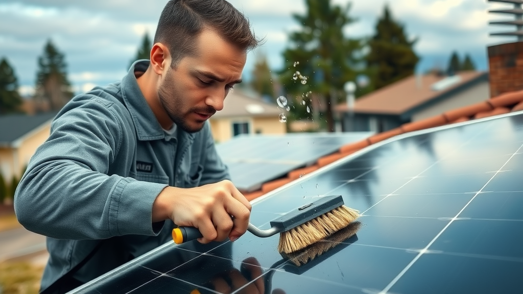 Technician using soft-bristle brush and deionized water on solar panels in Eugene neighborhood