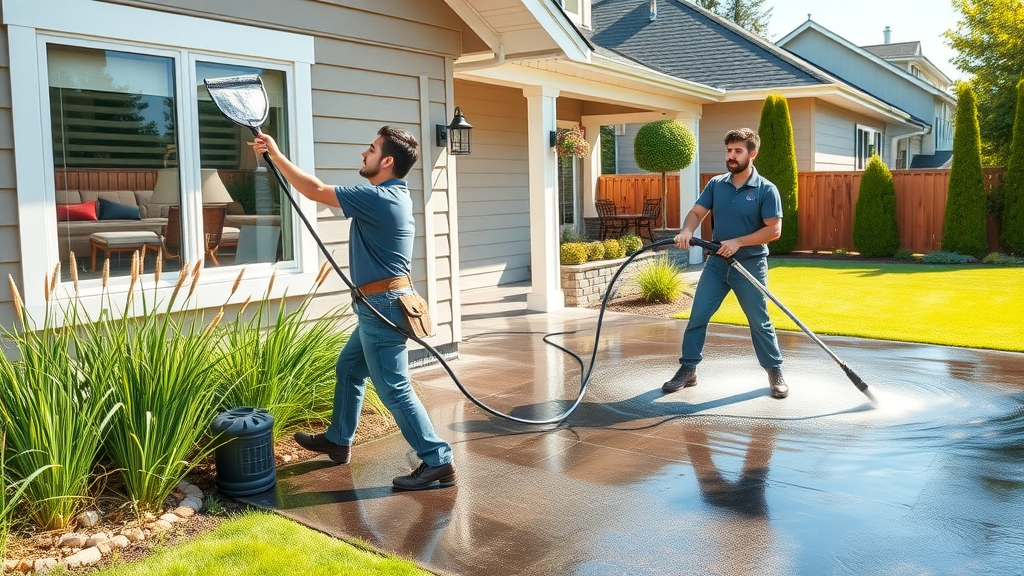 Dynamic Eugene exterior cleaning service, window cleaning and power wash professionals at work, northwest home setting with bright water reflections