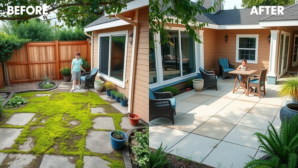Before and after patio cleaning eugene oregon, clean vs mossy outdoor space.