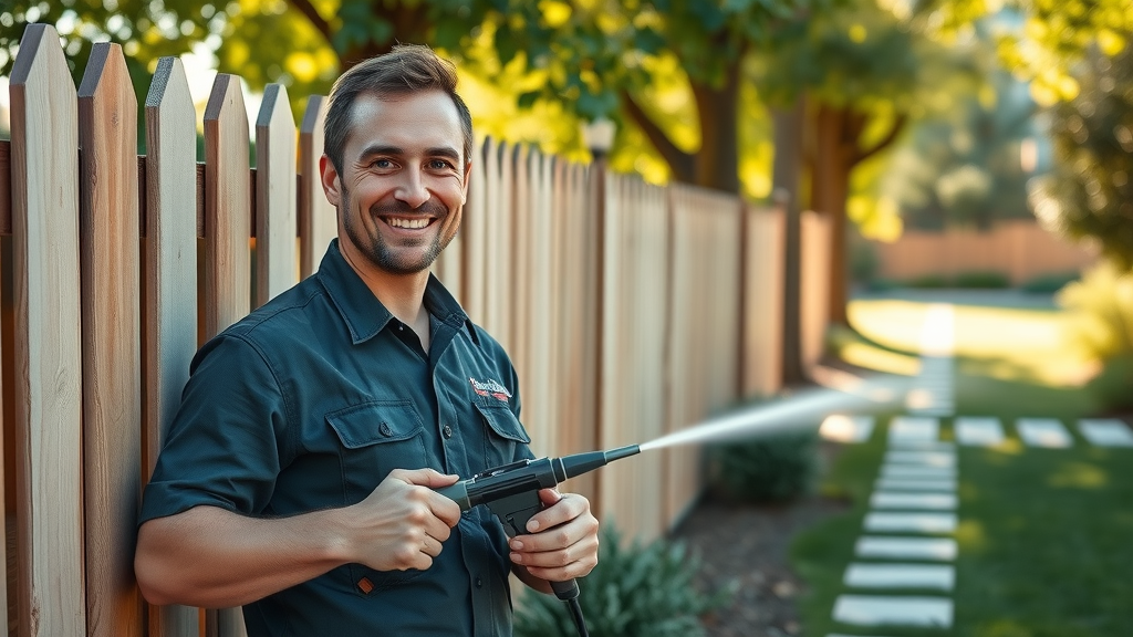 Fence cleaning Eugene technician in uniform, clean fence, pressure washing expert, exterior cleaning professional, Eugene home