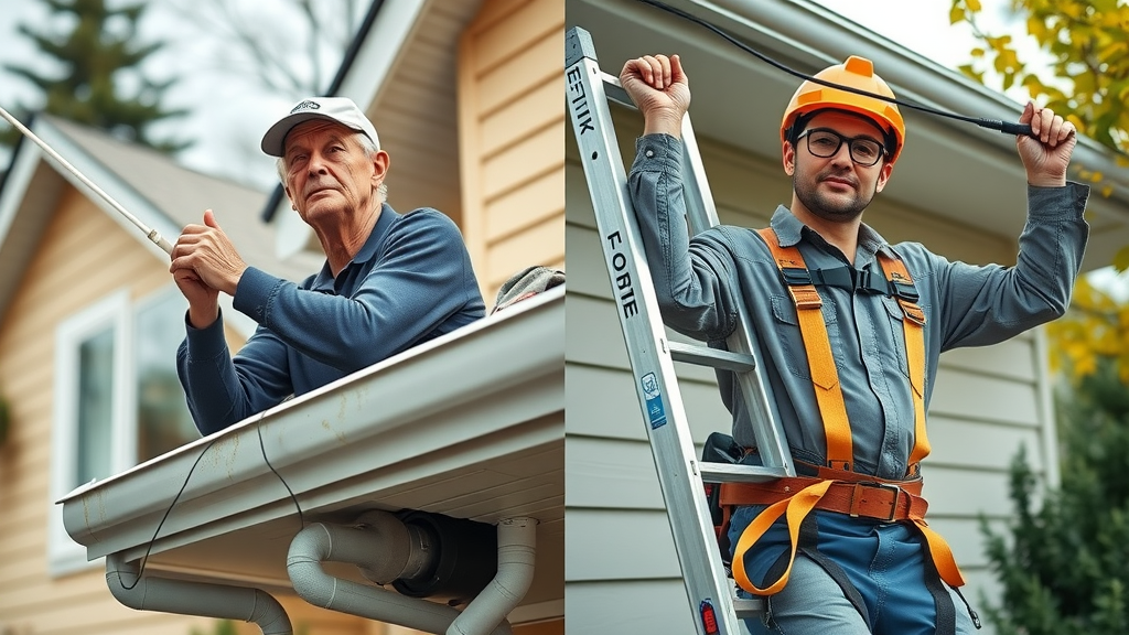 Split-screen image of DIY gutter cleaning versus professional in Eugene Oregon