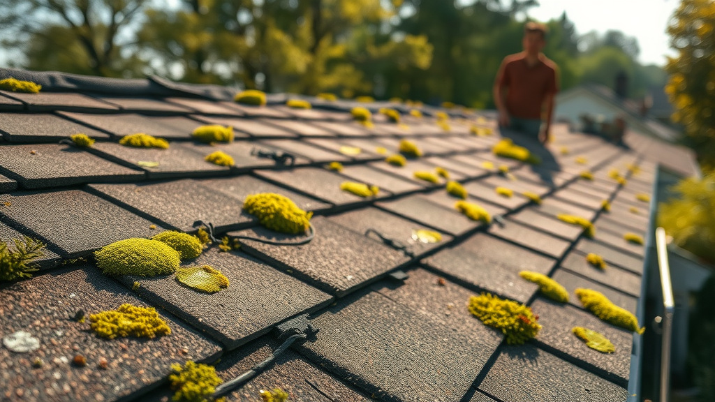 Close-up of roof with algae, moss, and lichen, showing details of roof contaminants and soft wash cleaning targets.