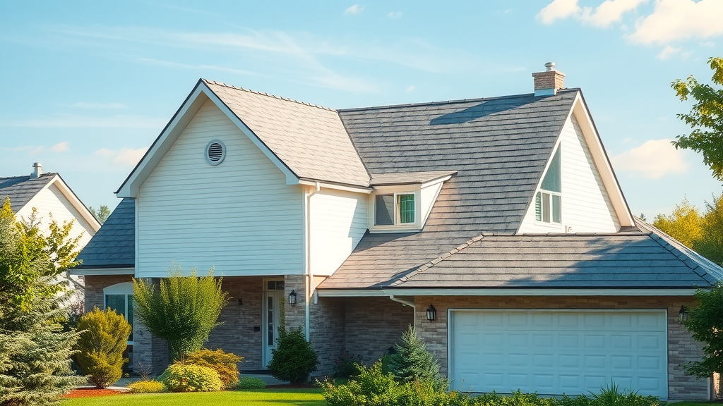 Modern suburban home with a clean, recently soft washed roof, lush landscape, and sunlight highlighting roof shingles.