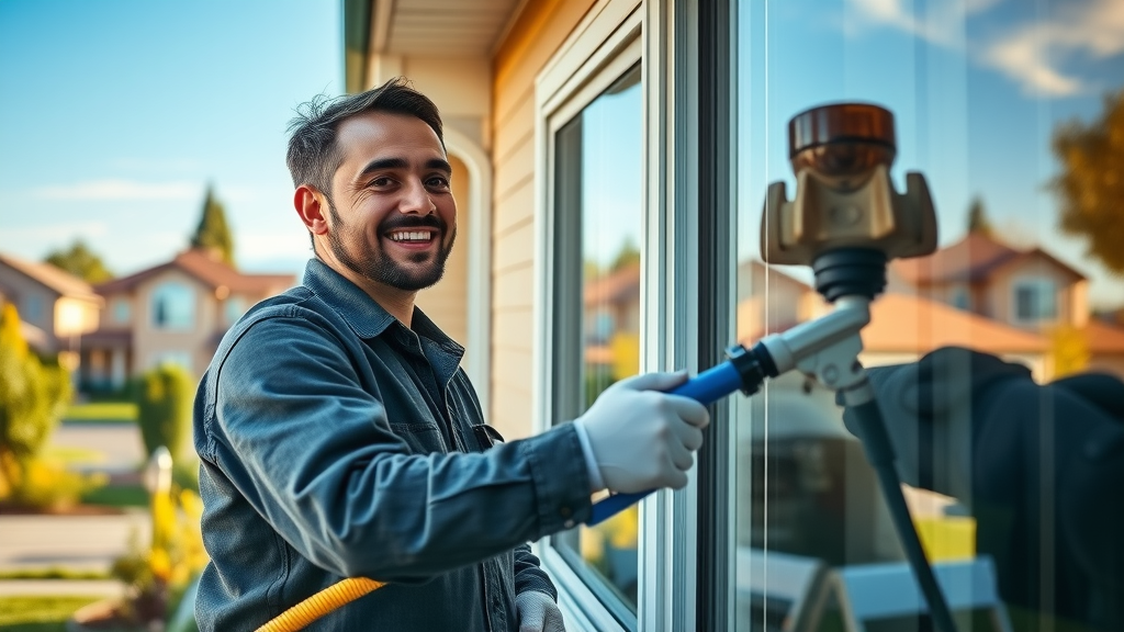 cutting edge window cleaning services eugene or: technician cleaning house windows in Eugene OR, suburban landscape, clear blue sky, gleaming windows, advanced equipment