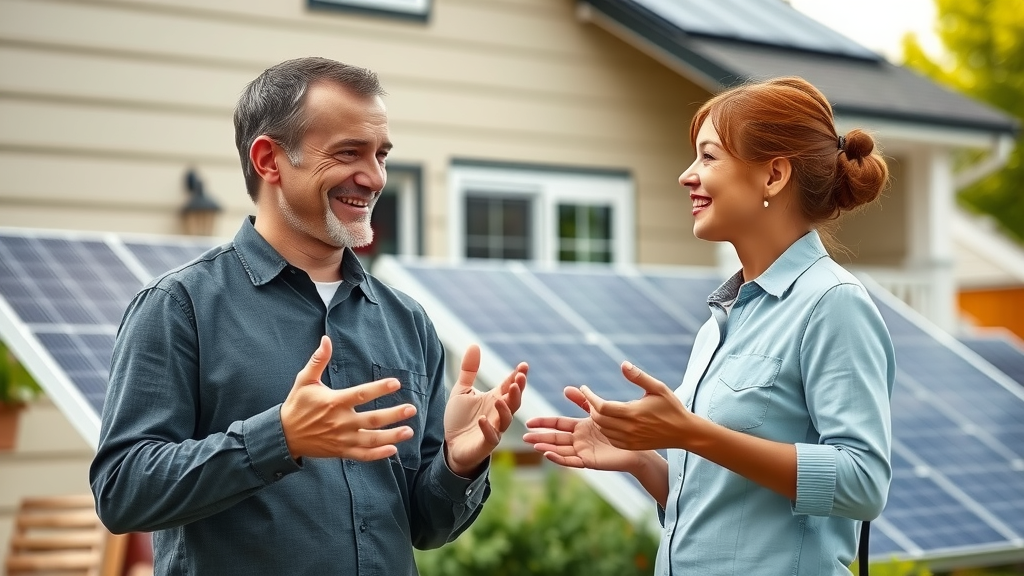 Happy Eugene homeowner with solar cleaning expert discussing after clean solar panel service