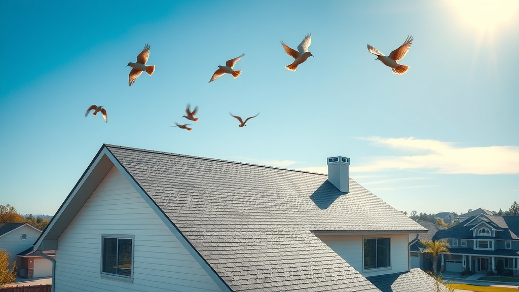 Freshly soft-washed modern home roof: clean, vibrant shingles with blue sky and birds, a symbol of lasting results after soft wash.