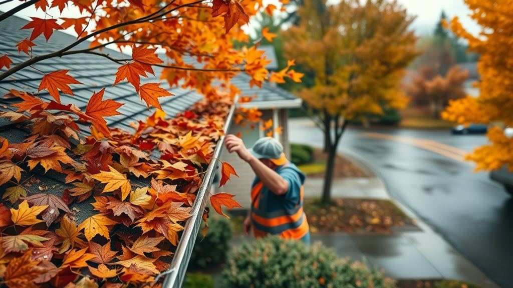 Autumn Eugene Oregon home with technician removing leaves from gutter, dramatic fall foliage, wet streets, and colorful maples in the background.